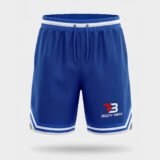 Light blue polyester mesh athletic shorts with blue and white contrast trim, elastic waistband, drawcord, and BODY MAX logo.