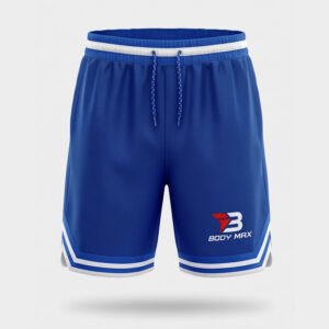 Light blue polyester mesh athletic shorts with blue and white contrast trim, elastic waistband, drawcord, and BODY MAX logo.